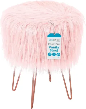 BIRDROCK HOME Pink Faux Fur Vanity Stool Chair - Soft Furry Compact Padded Seat - Vanity, Living Room, Bedroom and Kids Room Chairs - Hair Pin Metal Legs Upholstered Decorative Furniture Foot Rest