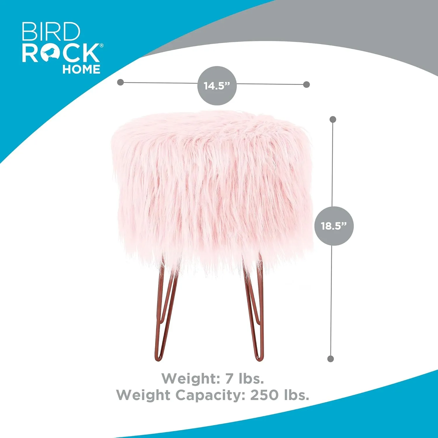 BIRDROCK HOME Pink Faux Fur Vanity Stool Chair - Soft Furry Compact Padded Seat - Vanity, Living Room, Bedroom and Kids Room Chairs - Hair Pin Metal Legs Upholstered Decorative Furniture Foot Rest