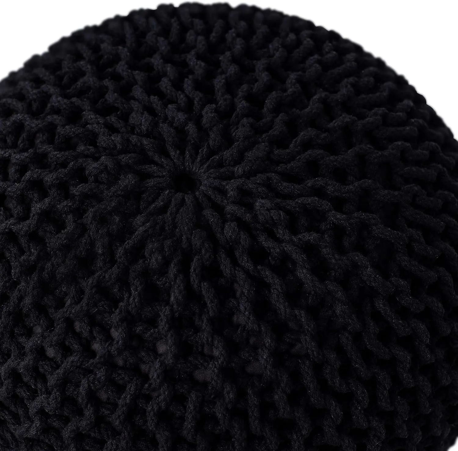 BIRDROCK HOME Round Pouf Ottoman | Cotton Braided Foot Stool with Bean Bag Filling | Boho Foot Rest for Living Room & Bedroom | Compact & Comfortable Seating, Lightweight & Soft | Black