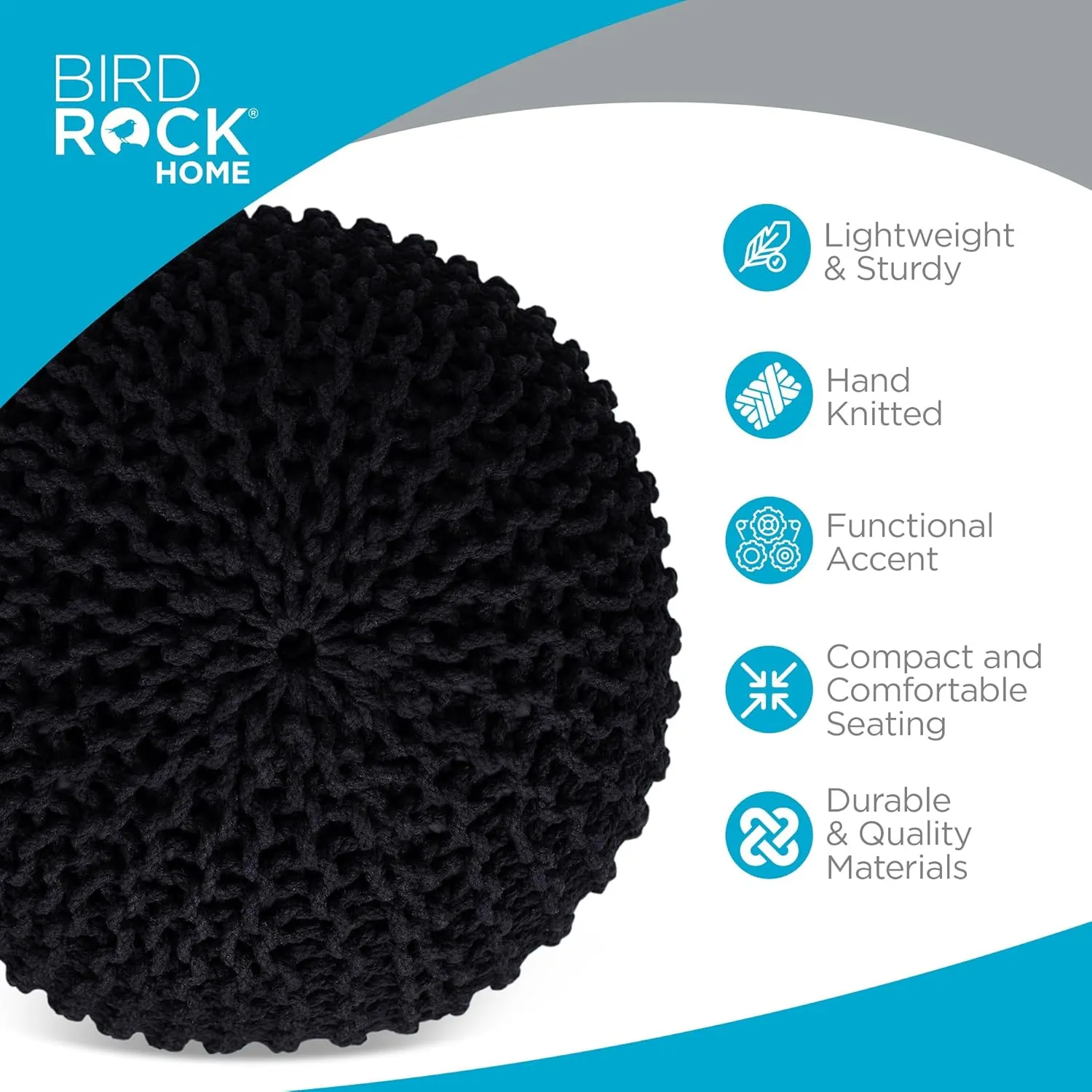 BIRDROCK HOME Round Pouf Ottoman | Cotton Braided Foot Stool with Bean Bag Filling | Boho Foot Rest for Living Room & Bedroom | Compact & Comfortable Seating, Lightweight & Soft | Black