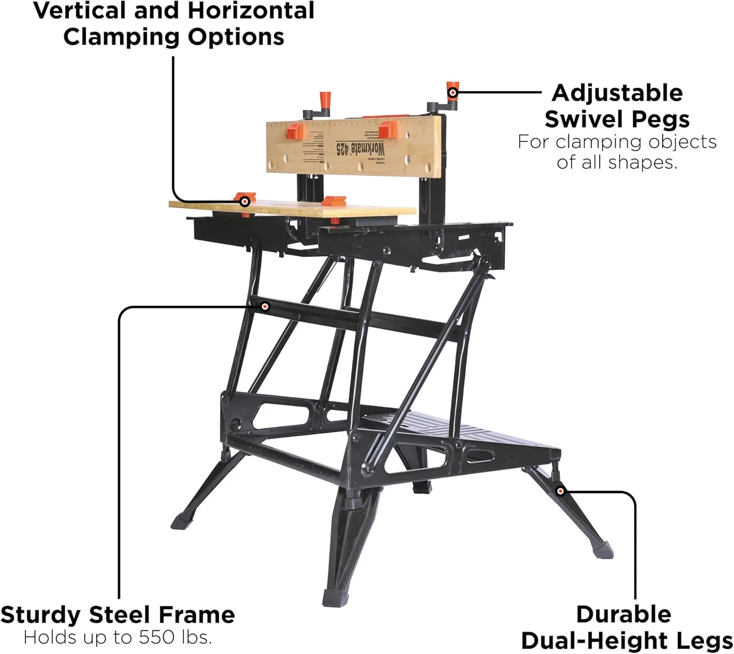 BLACK DECKER Portable Workbench, Workmate Folding Workbench, 550 lb. Capacity with Clamps for Woodworking (WM425-A)