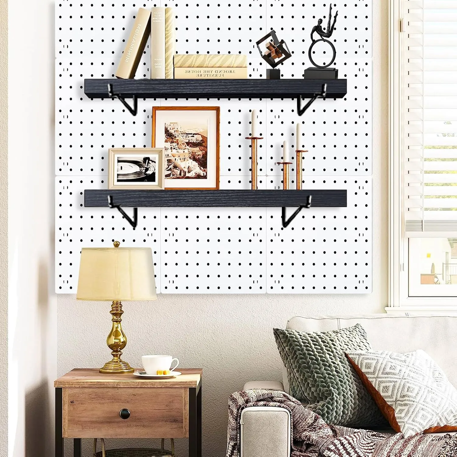 Black Pegboard Shelf, 8 Pack Wooden Pegboard Shelves with Metal Brackets Hooks, Heavy Duty Peg Board Organizer Shelves, Pegboard Accessories Organizer for Crafts Room, Garage, Workbench, Office