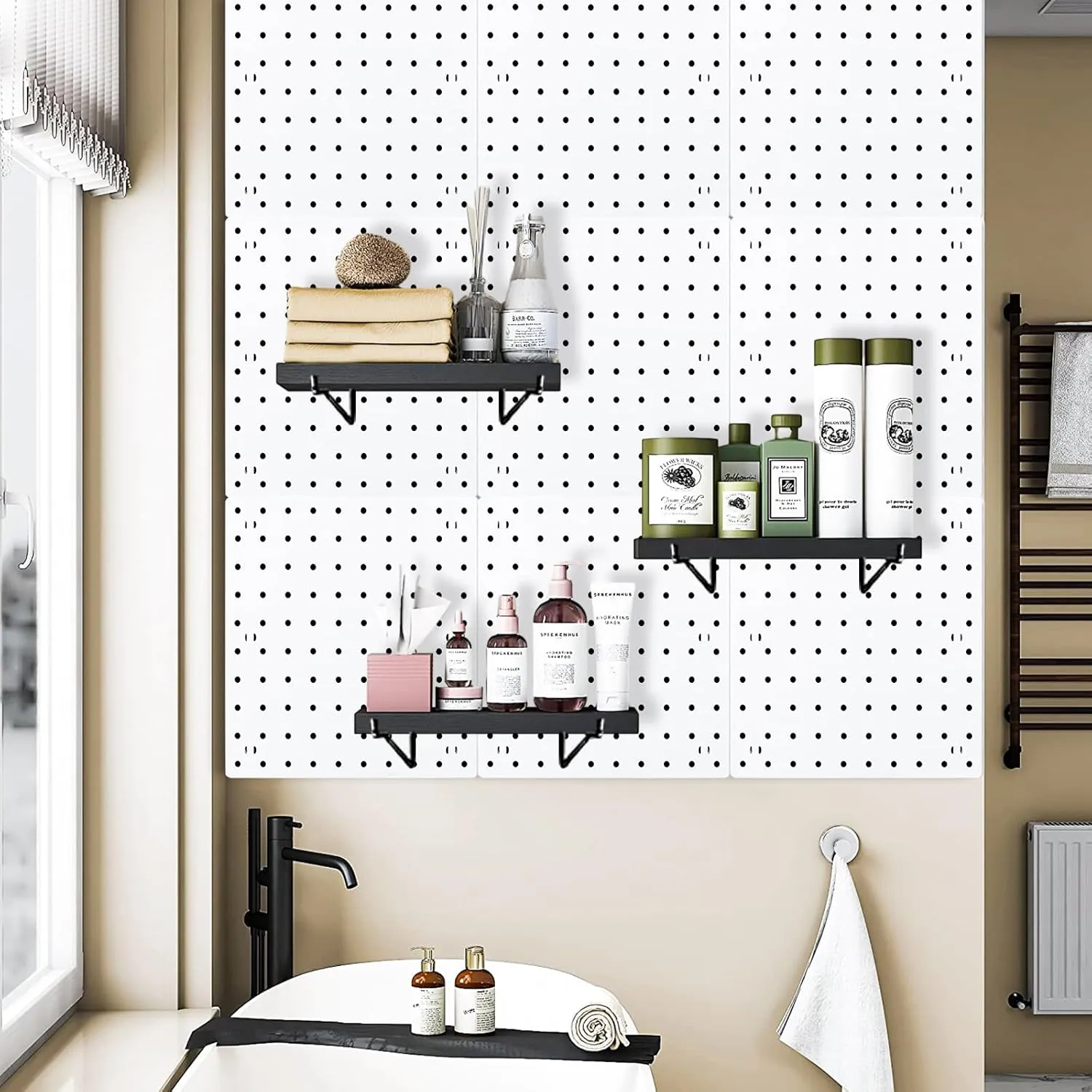 Black Pegboard Shelf, 8 Pack Wooden Pegboard Shelves with Metal Brackets Hooks, Heavy Duty Peg Board Organizer Shelves, Pegboard Accessories Organizer for Crafts Room, Garage, Workbench, Office