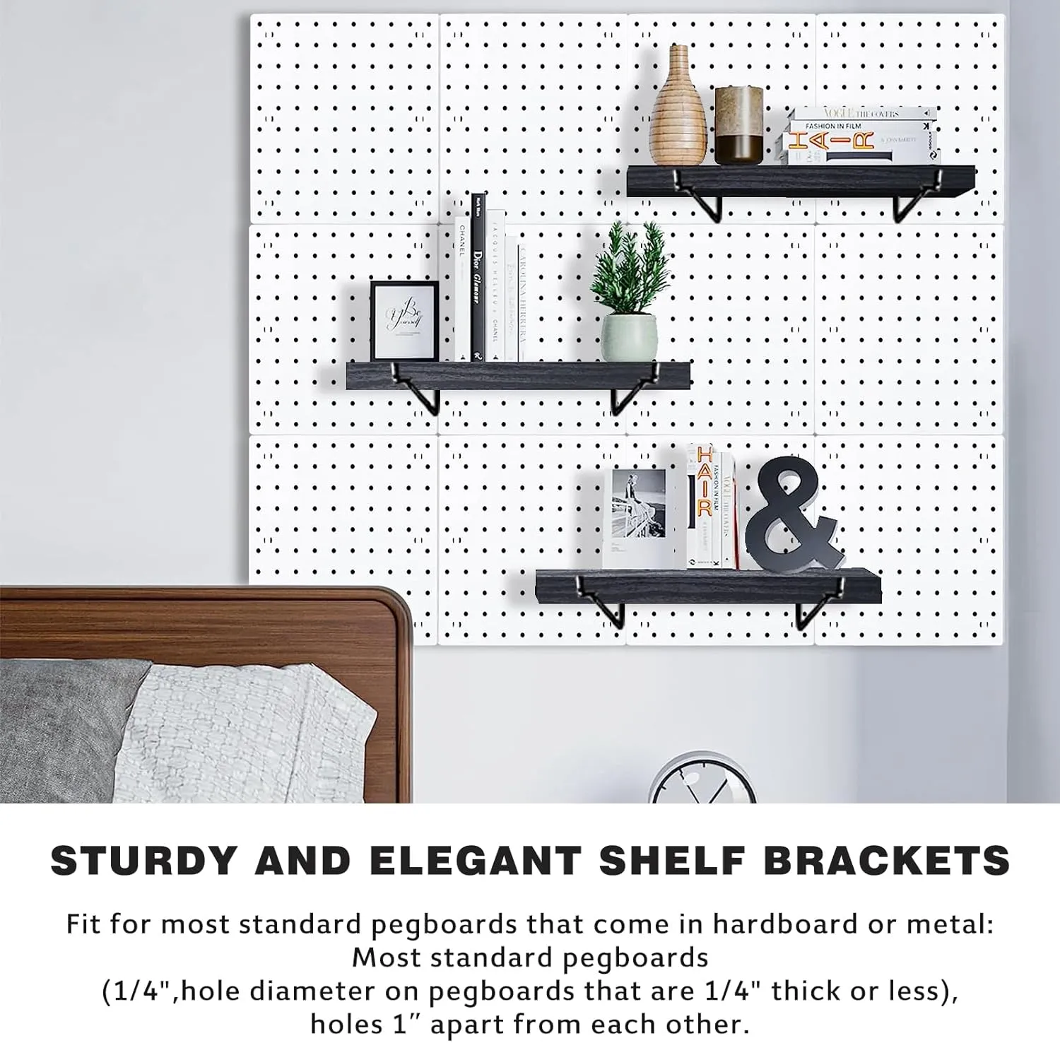 Black Pegboard Shelf, 8 Pack Wooden Pegboard Shelves with Metal Brackets Hooks, Heavy Duty Peg Board Organizer Shelves, Pegboard Accessories Organizer for Crafts Room, Garage, Workbench, Office