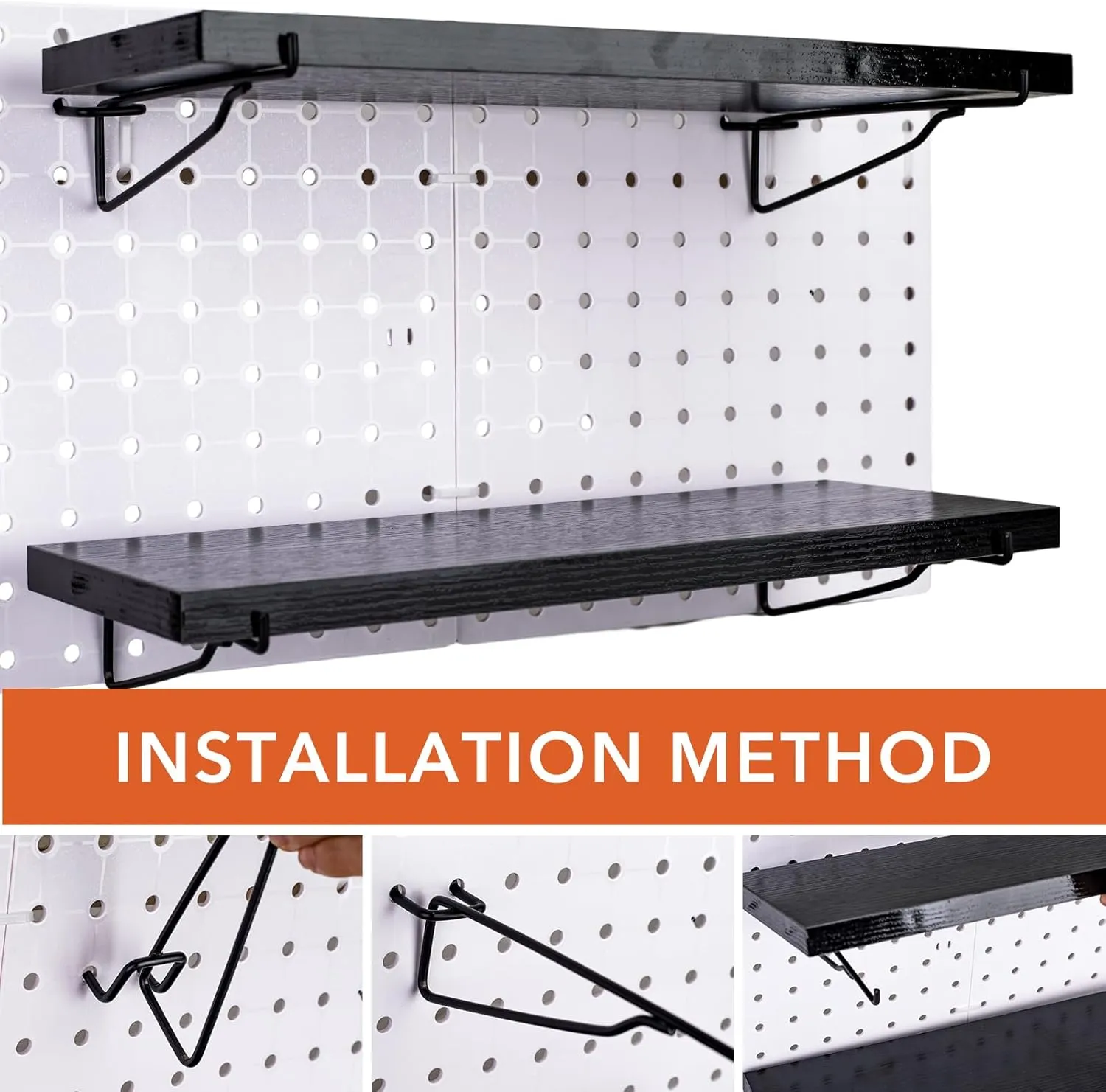 Black Pegboard Shelf, 8 Pack Wooden Pegboard Shelves with Metal Brackets Hooks, Heavy Duty Peg Board Organizer Shelves, Pegboard Accessories Organizer for Crafts Room, Garage, Workbench, Office