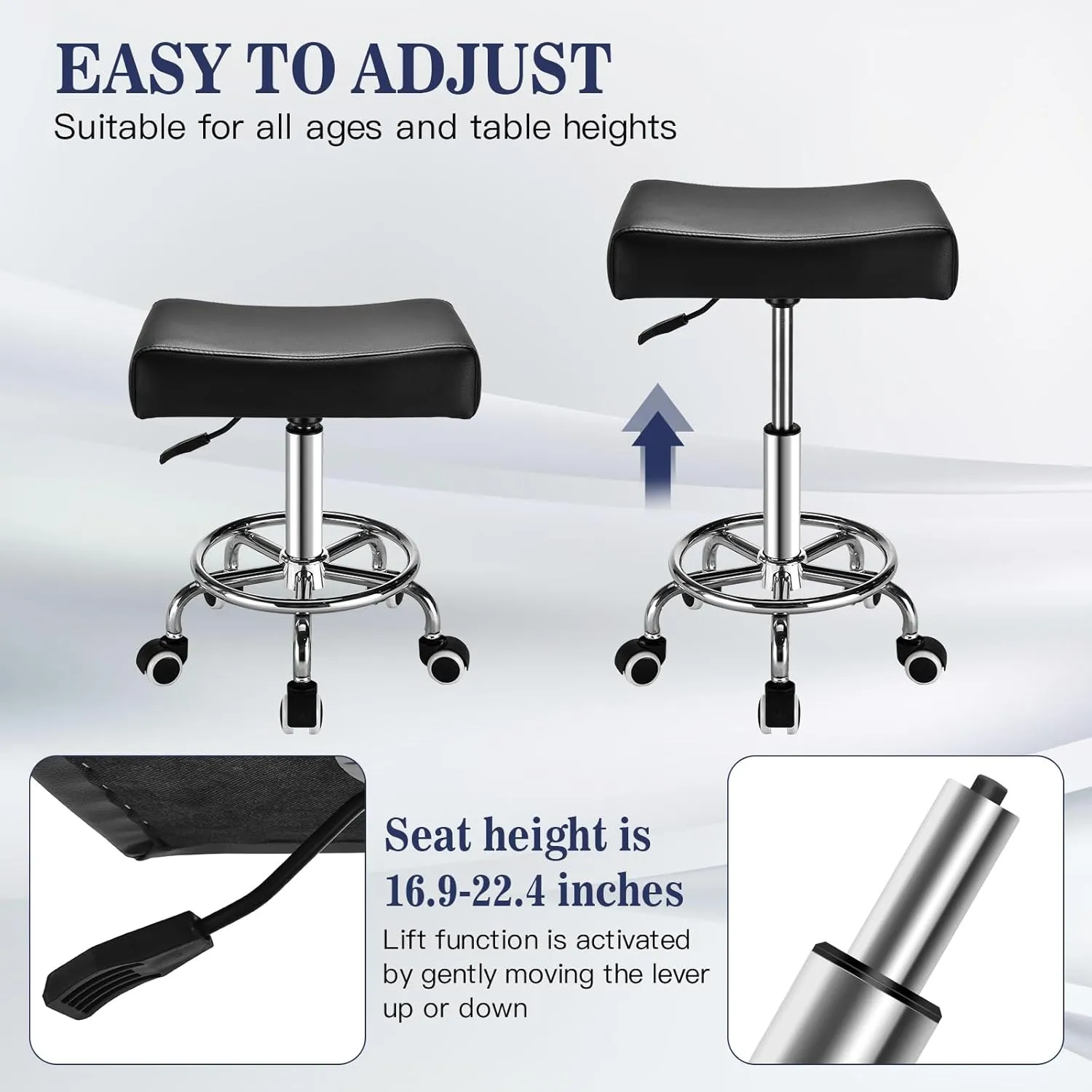 Black Square Salon Rolling Stool - 300lbs Weight Capacity，Adjustable Swivel Stool With Wheel，Pu Leahter Comfortable Cutting Stools For Salon Tattoo Stylist Massage Perfect for Work SPA (Premium black)