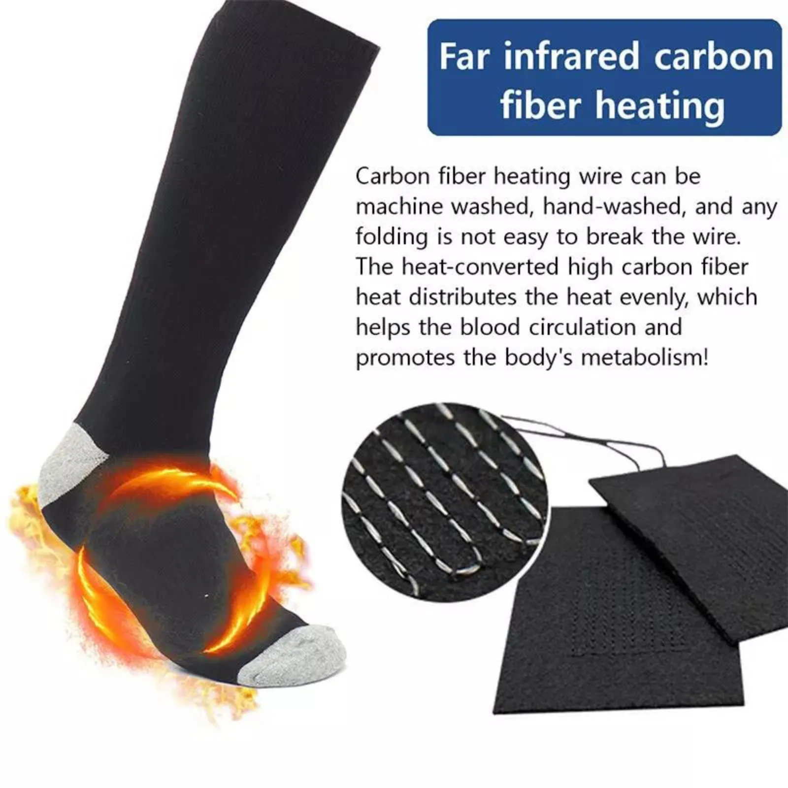 Black Warm Sock Rechargable Battery Feet Warmer Winter Electric Heated Socks