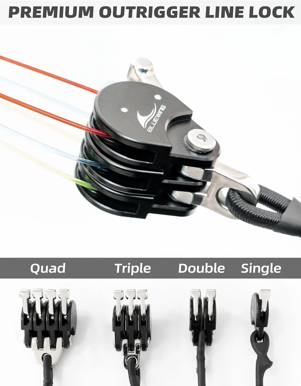 BLUEWING Blue Water Outrigger Halyard Line Lock Pulley Single/Double/Triple/Quad Aluminium Alloy with Stainless Steel/Brass Snap Swivel for Offshore Fishing