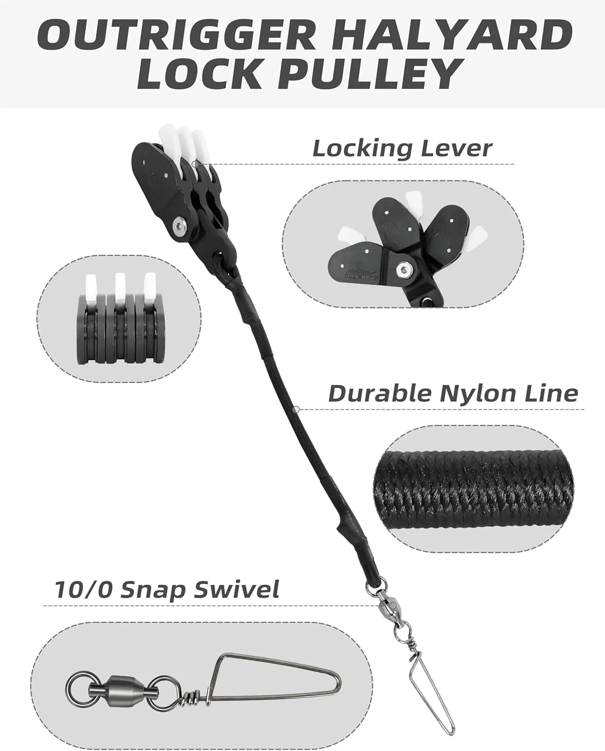 BLUEWING Outrigger Halyard Lock Pulley Single/Double/Triple Halyard Line Lock Pulley with Ball Bearing Snap Swivel for Offshore Fishing
