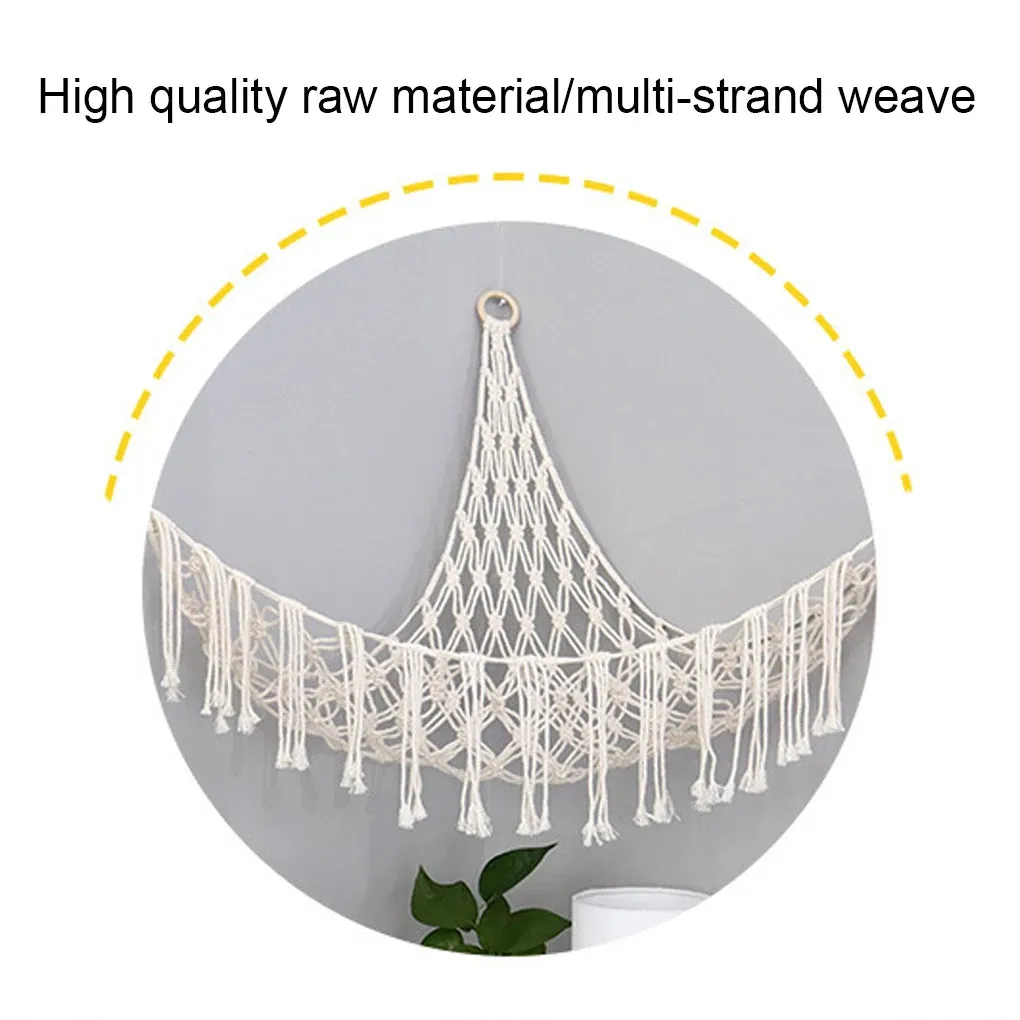 Boho Plush Toy Hammock Triangular Shape Hanging Mesh Storage Basket Cotton Tassels Wall Net for Bedroom Living Room