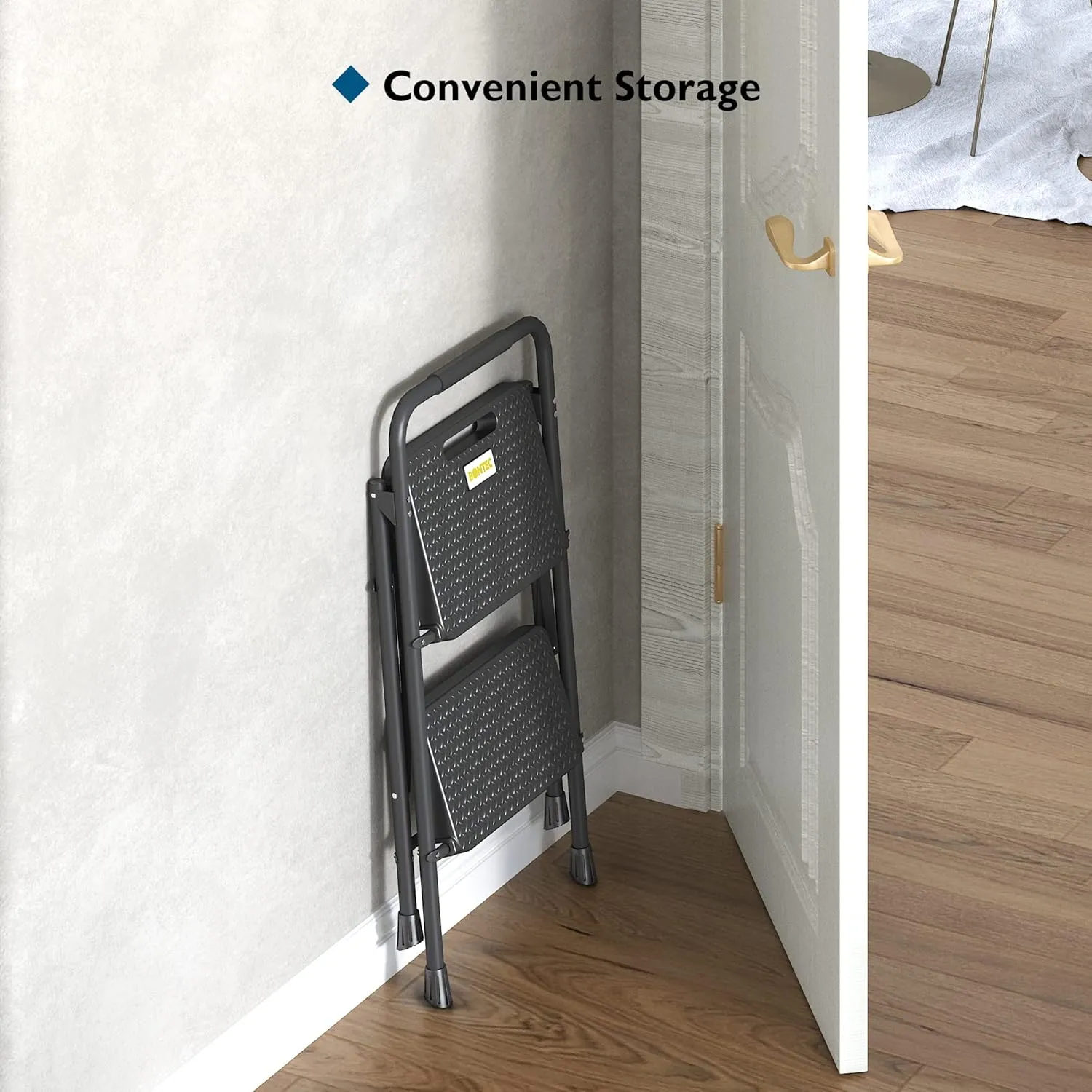 BONTEC 2-Step Ladder, Folding Step Stool, 600lbs Max Load Capacity, Sturdy Steel, Non-Slip Pedals, Lightweight, Portable Steel Ladder with Convenient Handrail, Safety Design for Home & Work, Black