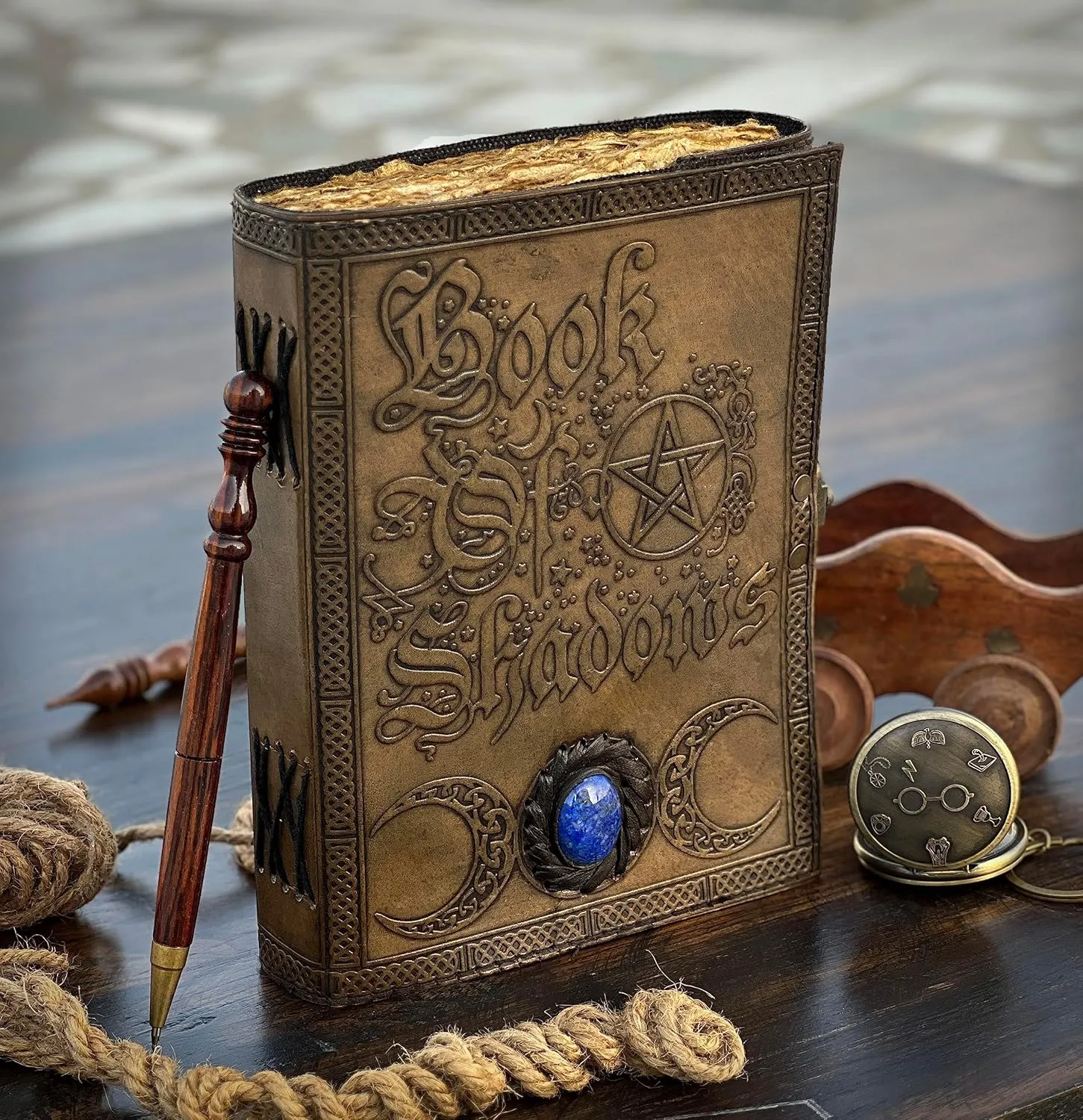 Book Of Shadows Leather Journal with Semi Precious Stone Lock Closure, 200 pages Antique Deckle Edge Paper , Grimoire Journal, Triple Moon, Pentagram, Mother Of earth, Tree Of Life, Witch Journal