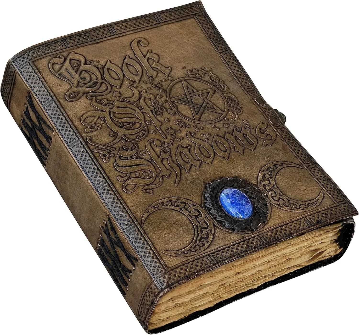 Book Of Shadows Leather Journal with Semi Precious Stone Lock Closure, 200 pages Antique Deckle Edge Paper , Grimoire Journal, Triple Moon, Pentagram, Mother Of earth, Tree Of Life, Witch Journal