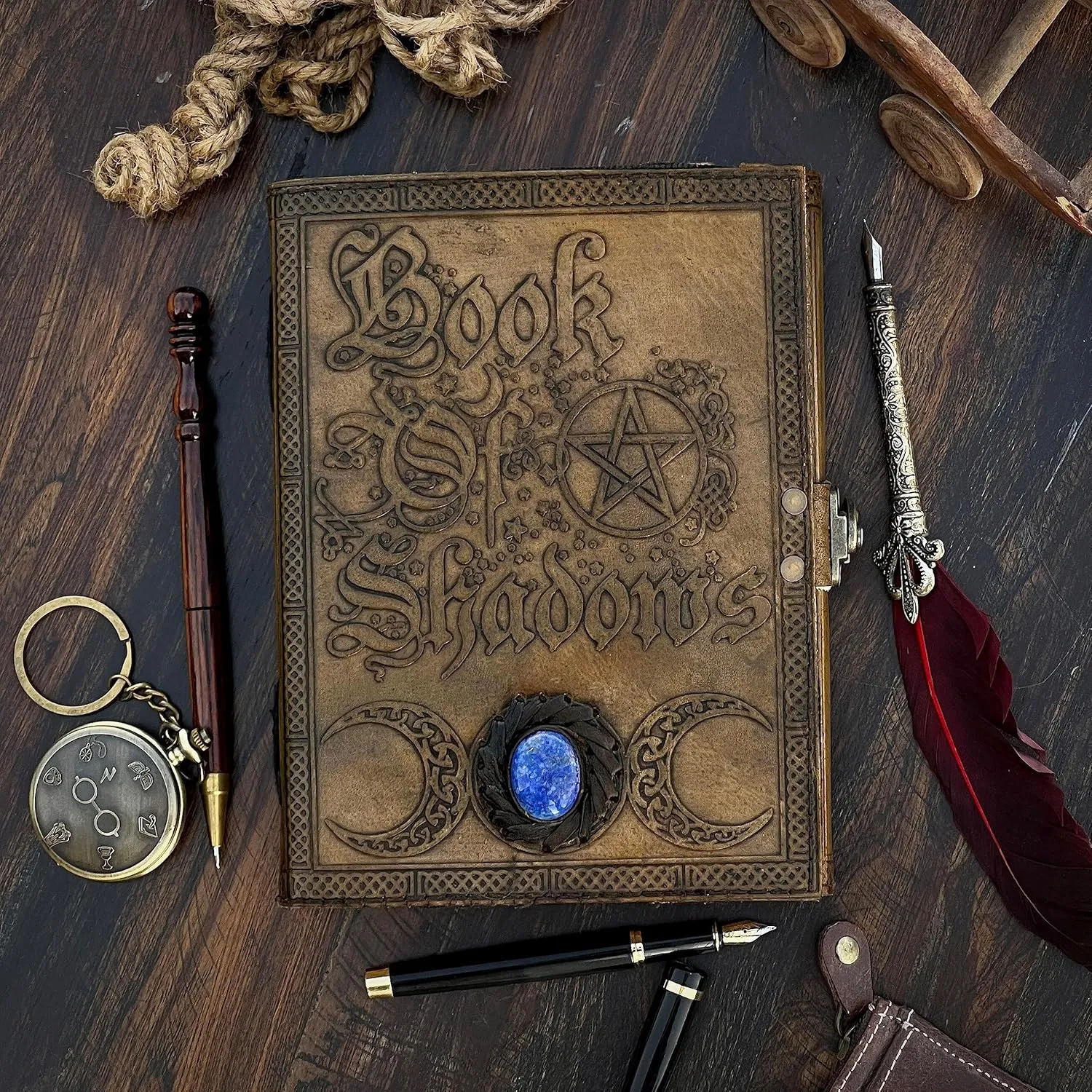 Book Of Shadows Leather Journal with Semi Precious Stone Lock Closure, 200 pages Antique Deckle Edge Paper , Grimoire Journal, Triple Moon, Pentagram, Mother Of earth, Tree Of Life, Witch Journal