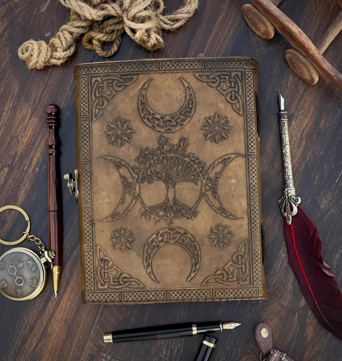 Book Of Shadows Leather Journal with Semi Precious Stone Lock Closure, 200 pages Antique Deckle Edge Paper , Grimoire Journal, Triple Moon, Pentagram, Mother Of earth, Tree Of Life, Witch Journal