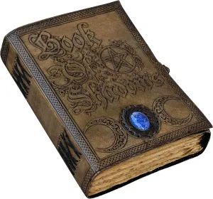 Book Of Shadows Leather Journal with Semi Precious Stone Lock Closure, 200 pages Antique Deckle Edge Paper , Grimoire Journal, Triple Moon, Pentagram, Mother Of earth, Tree Of Life, Witch Journal