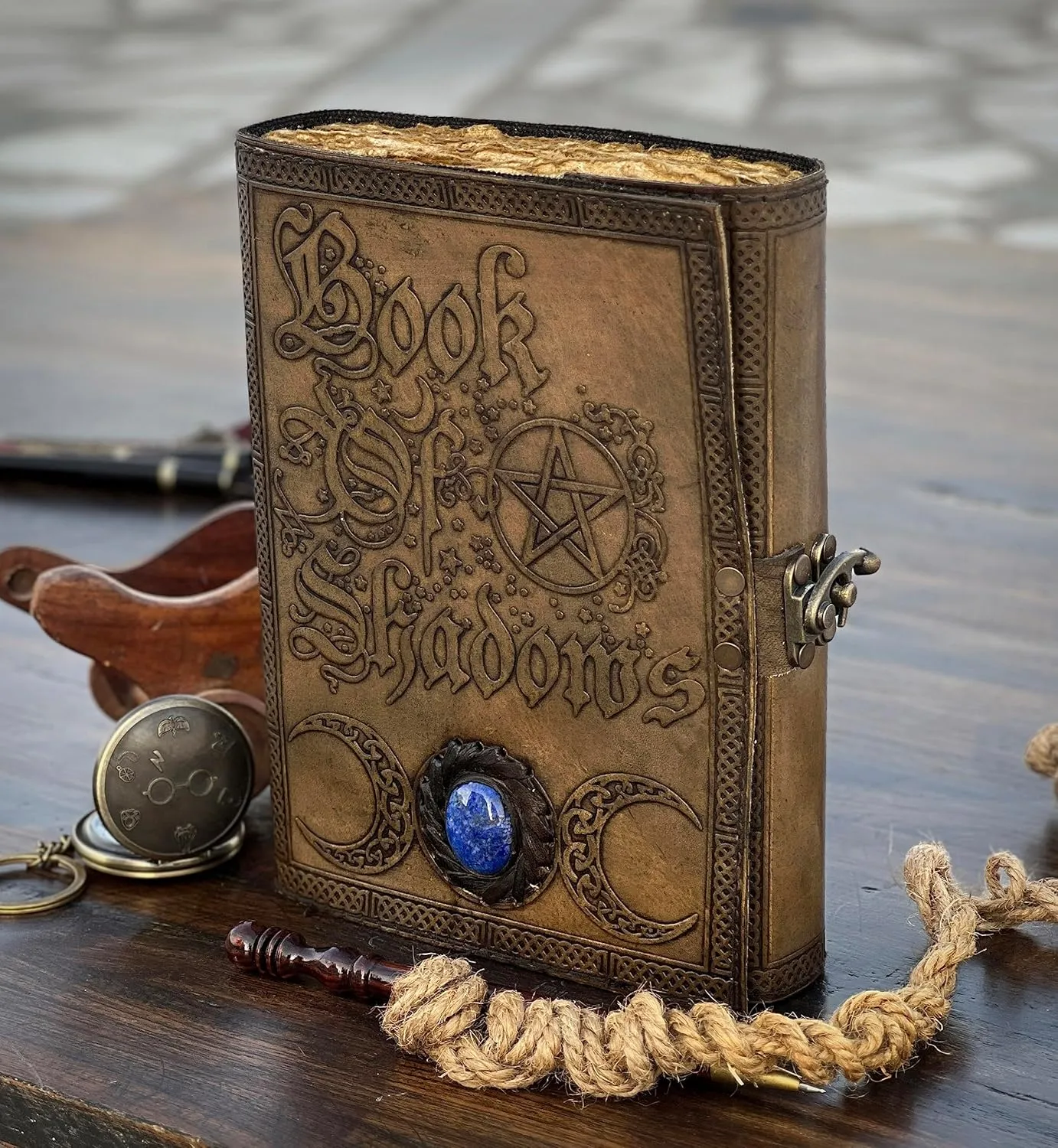 Book Of Shadows Leather Journal with Semi Precious Stone Lock Closure, 200 pages Antique Deckle Edge Paper , Grimoire Journal, Triple Moon, Pentagram, Mother Of earth, Tree Of Life, Witch Journal