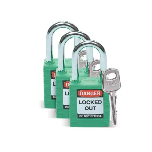Brady Plastic Lockout/Tagout Padlock, Keyed Alike, 1-3/4" Body Length, 1-1/2" Shackle Clearance, Green (Pack of 3)