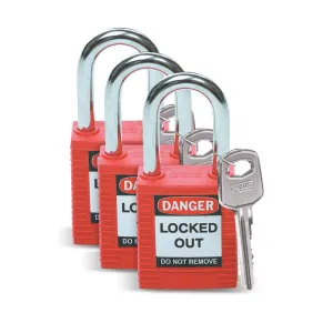 Brady Plastic Lockout/Tagout Padlock, Keyed Alike, 1-3/4" Body Length, 1-1/2" Shackle Clearance, Red (Pack of 3)