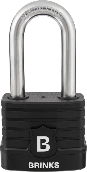 BRINKS - 50mm Commercial Laminated Steel Weather Resistant Padlock with 2” Shackle - TPE Wrapped and Hardened Boron Steel Shackle, Black