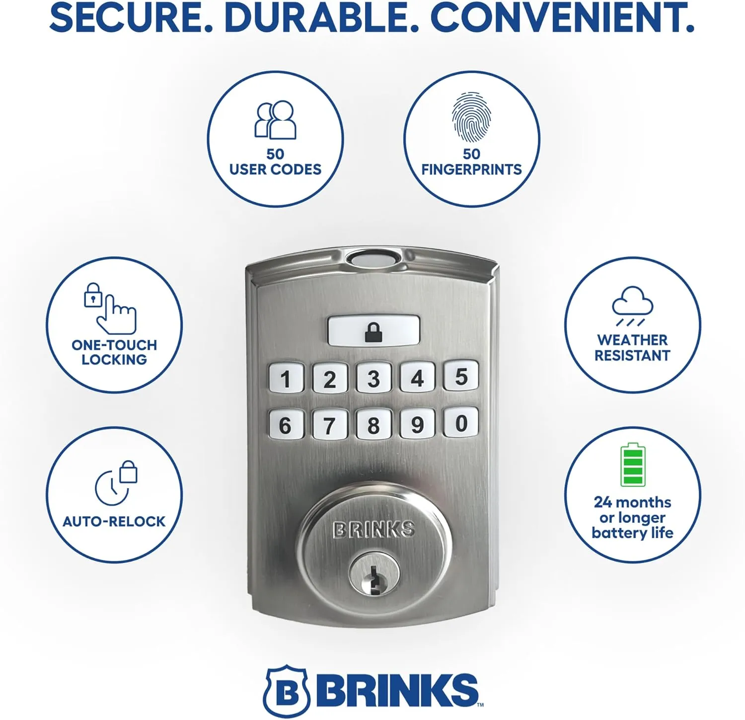 BRINKS Security Door Locks, High-Security Keyless Entry, Smart Electronic Door Lock with Deadbolt, Up to 50 Codes, Automatic Locking, Satin Nickel