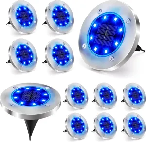 Brizled Solar Pathway Lights, 12-Pack, Blue, Weatherproof, Automatic On/Off, 8 LEDs, 600mAh Rechargeable Battery, Ideal for Patios, Lawns, Walkways, Courtyards