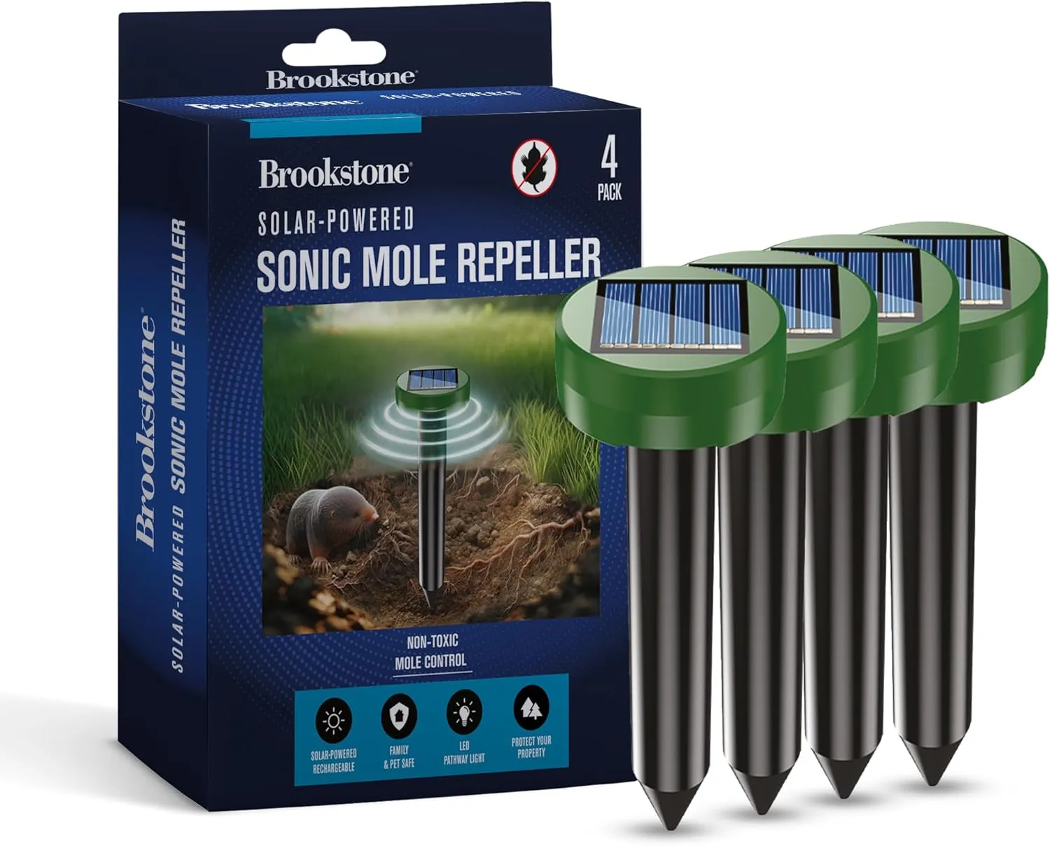 Brookstone Solar-Powered Yard Repeller 4 Pack – Ultrasonic & Vibration Ground Device for Outdoor Protection – 4000 sq. ft. Coverage, Weather-Resistant, Rechargeable, Eco-Friendly