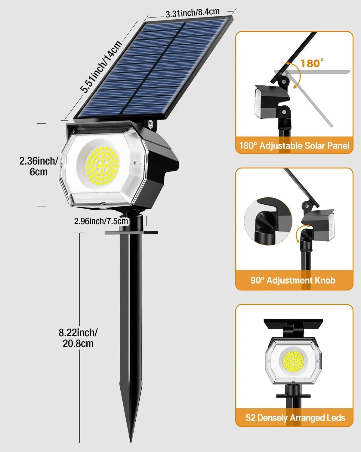 btfarm 8 Pack Solar Spot Lights Outdoor Waterproof IP65-1000LM 52 LED Solar Uplights with 3 Modes & 180° Adjustable Panel, Landscape Lighting for Yard, Pathway, Trees (Cool White)