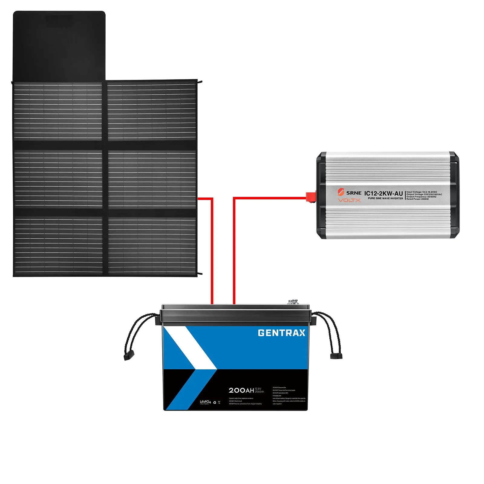 BUNDLE DEAL - VoltX 12V 200W Solar Panel   Gentrax 12V 200Ah Lithium Battery   2KW Inverter