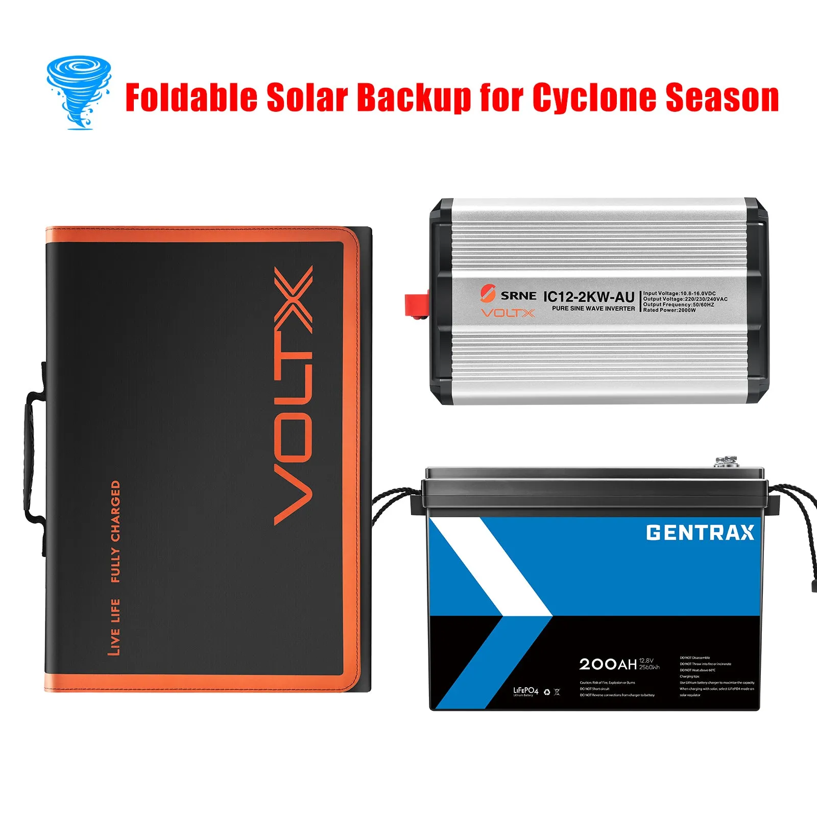 BUNDLE DEAL - VoltX 12V 200W Solar Panel   Gentrax 12V 200Ah Lithium Battery   2KW Inverter