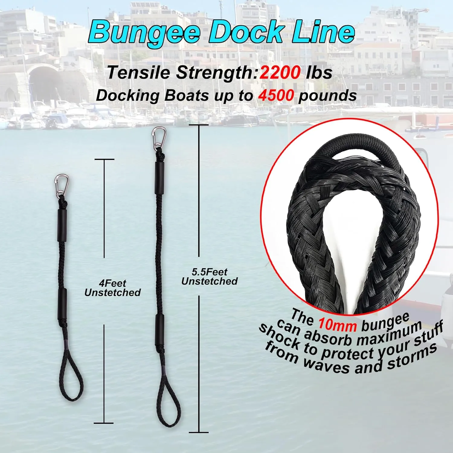Bungee Dock Lines with Clips - Heavy Duty Marine Grade Elastic Boat Ropes, 1800LB Breaking Strength & Hidden Shock Absorber for Boat, Jet Ski, Kayak, Pontoon, Pickup Truck (4FT/2 Pack)