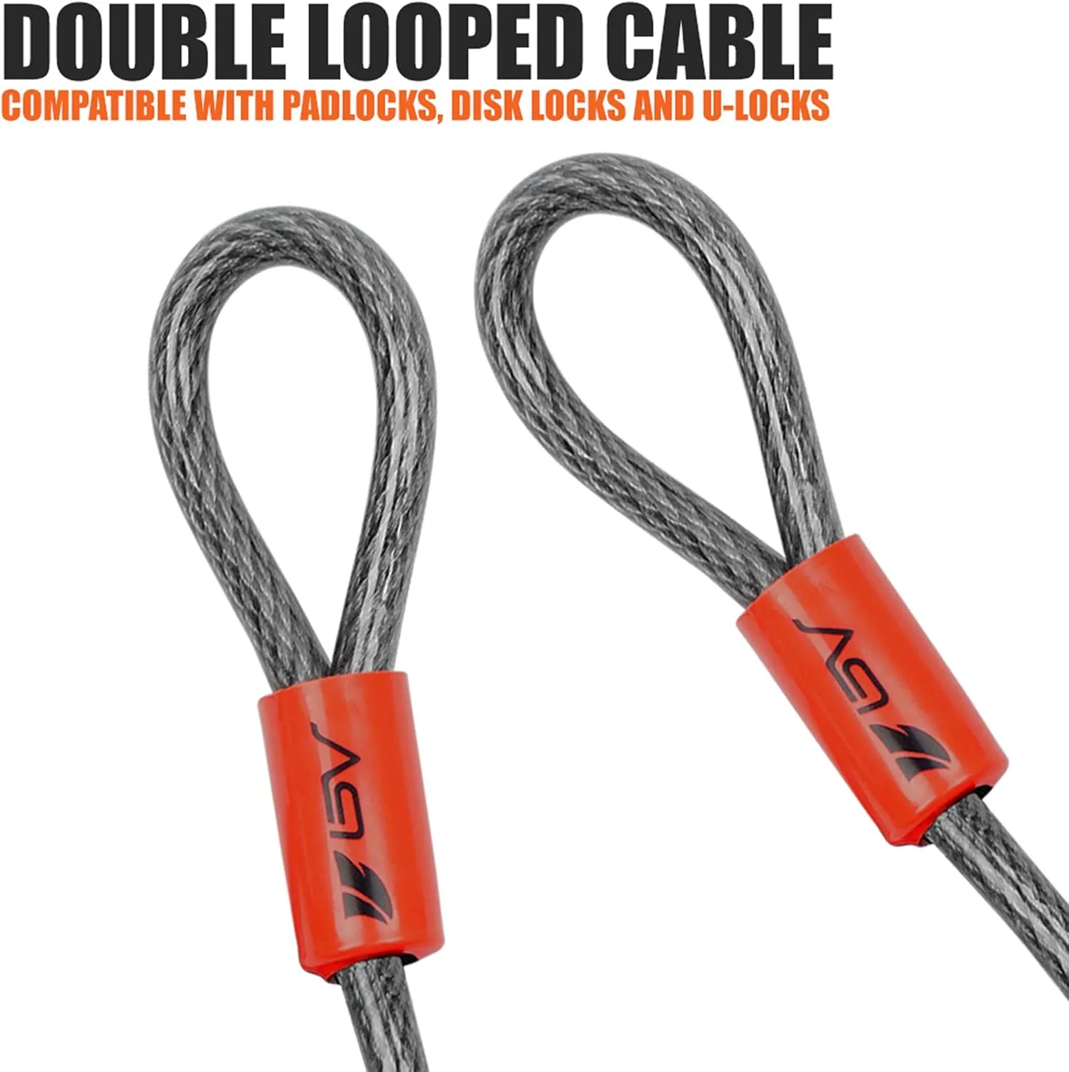 BV Heavy-Duty 15FT Security Cable with Loops - 10mm (3/8 Inch) Cut-Resistant Braided Steel Cable - Versatile & Weatherproof - Security Chain for Padlock, Chain Lock, Wire Lock
