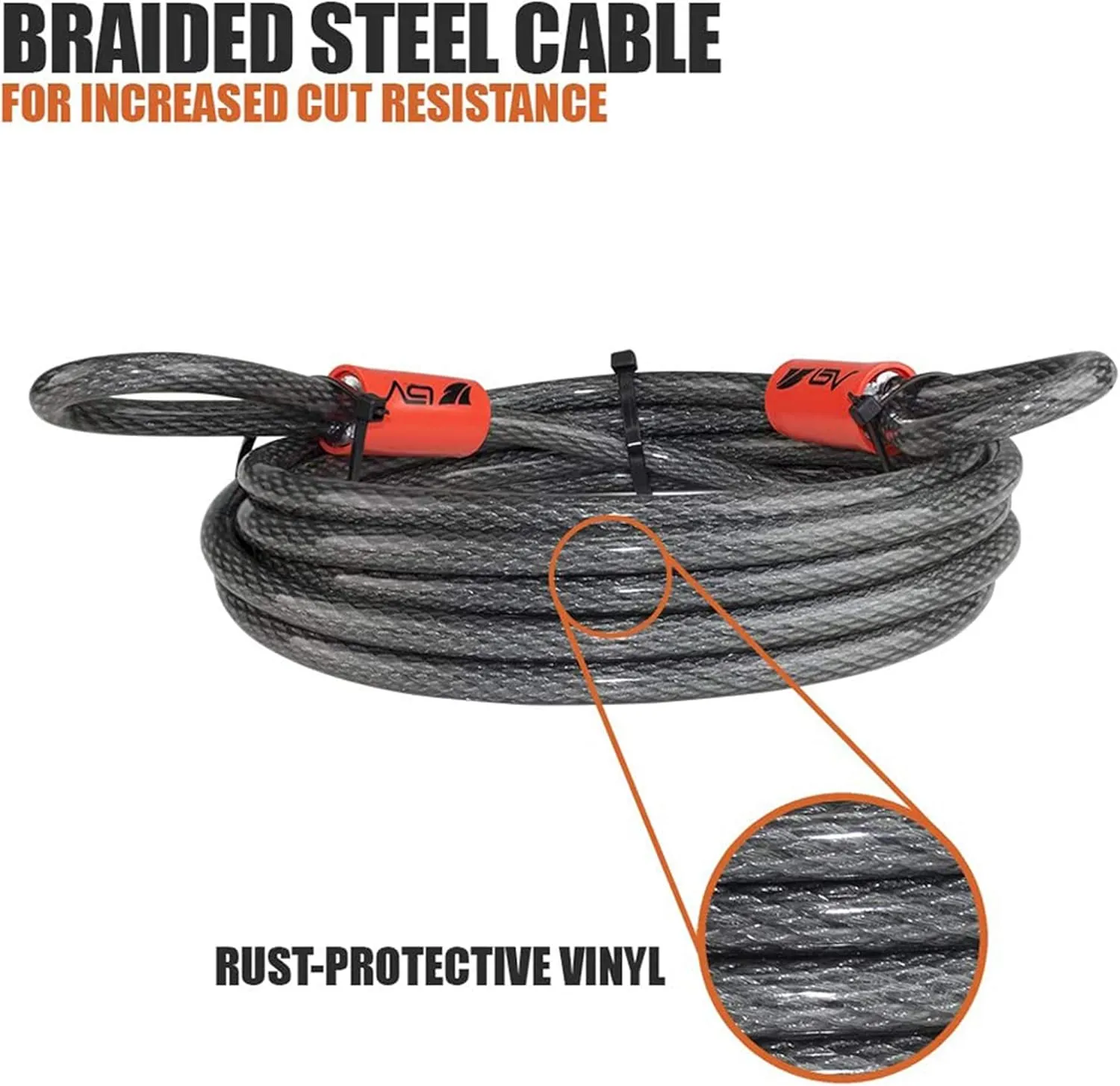 BV Heavy-Duty 15FT Security Cable with Loops - 10mm (3/8 Inch) Cut-Resistant Braided Steel Cable - Versatile & Weatherproof - Security Chain for Padlock, Chain Lock, Wire Lock