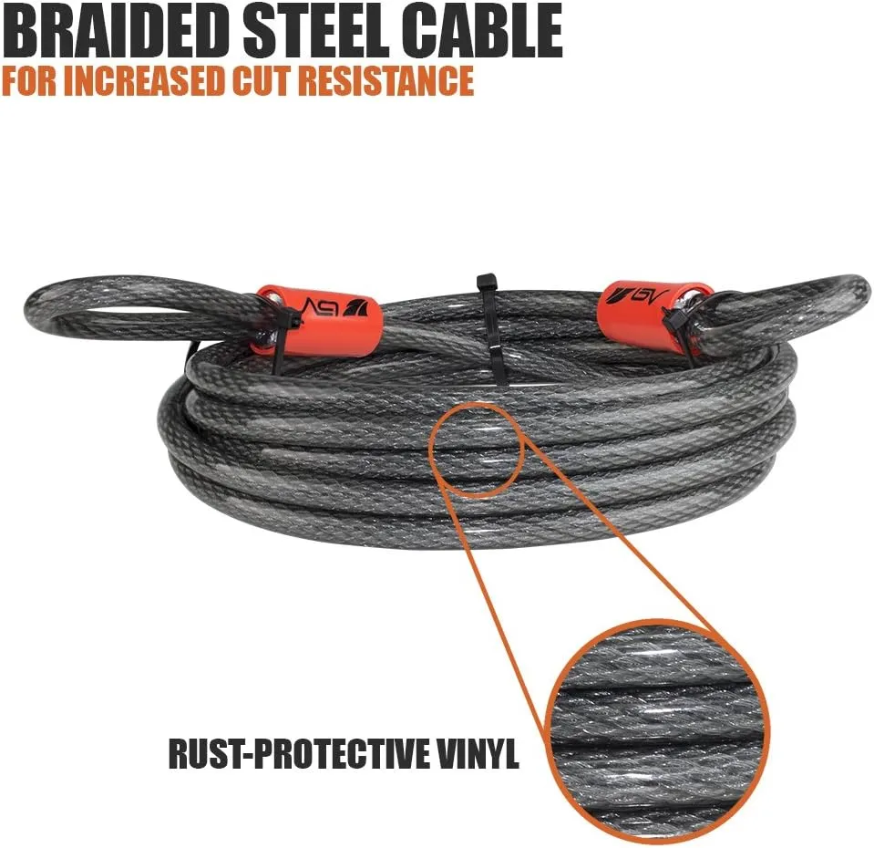 BV Heavy-Duty 30FT Security Cable with Loops - 10mm (3/8 Inch) Cut-Resistant Braided Steel Cable - Versatile & Weatherproof - Security Chain for Padlock, Chain Lock, Wire Lock