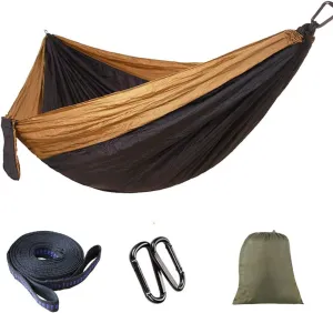 Camping Double Tree Hammocks - Outdoor Indoor Beach Accessories Backpacking Survival & Travel, Straps & Steel Carabiners Portable (Brown & Black)