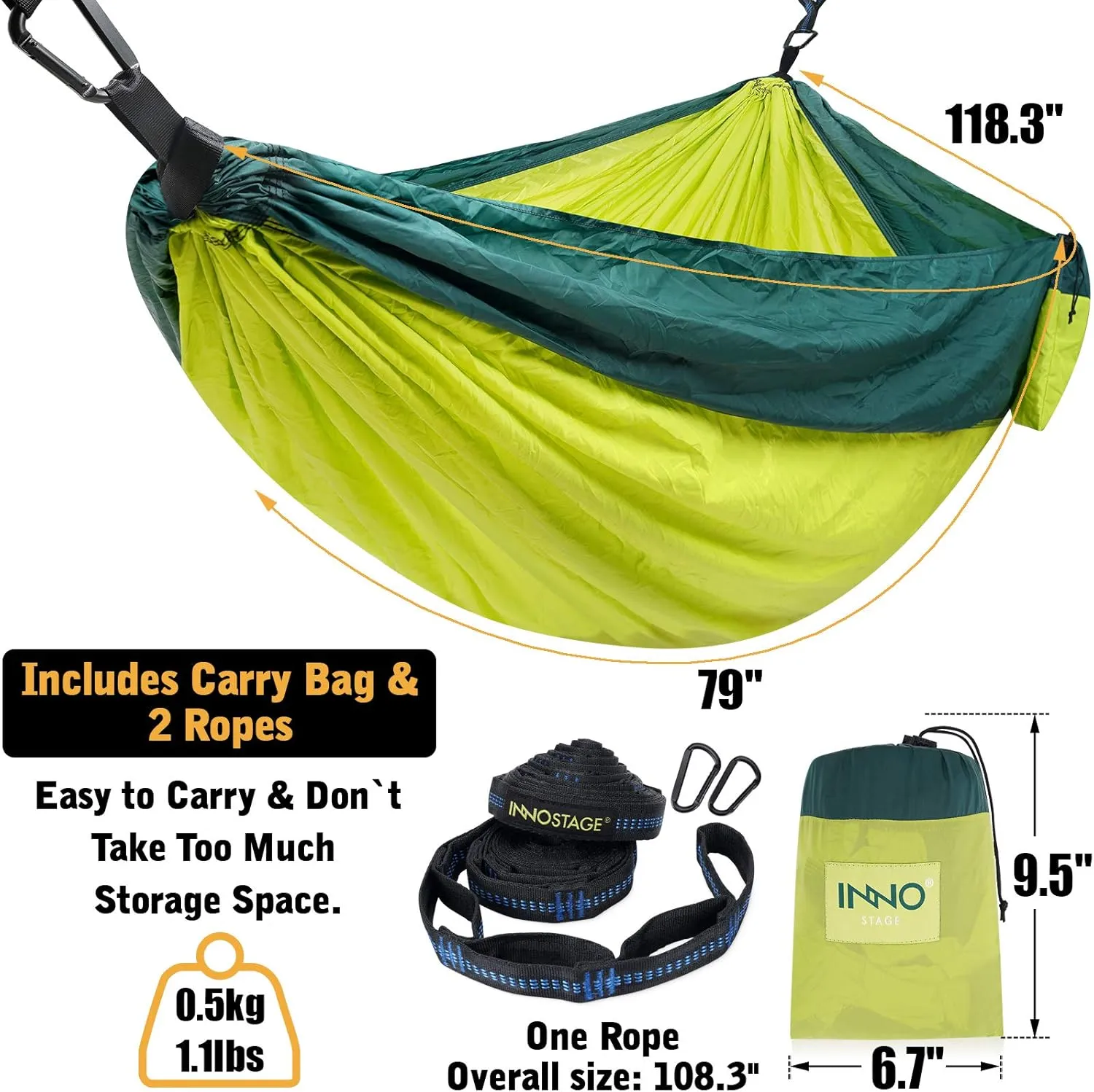 Camping Hammock Double with 2 Tree Straps, Portable Lightweight Nylon Hammocks for Backpacking, Travel Hiking, Travel, Beach, Backyard - Green