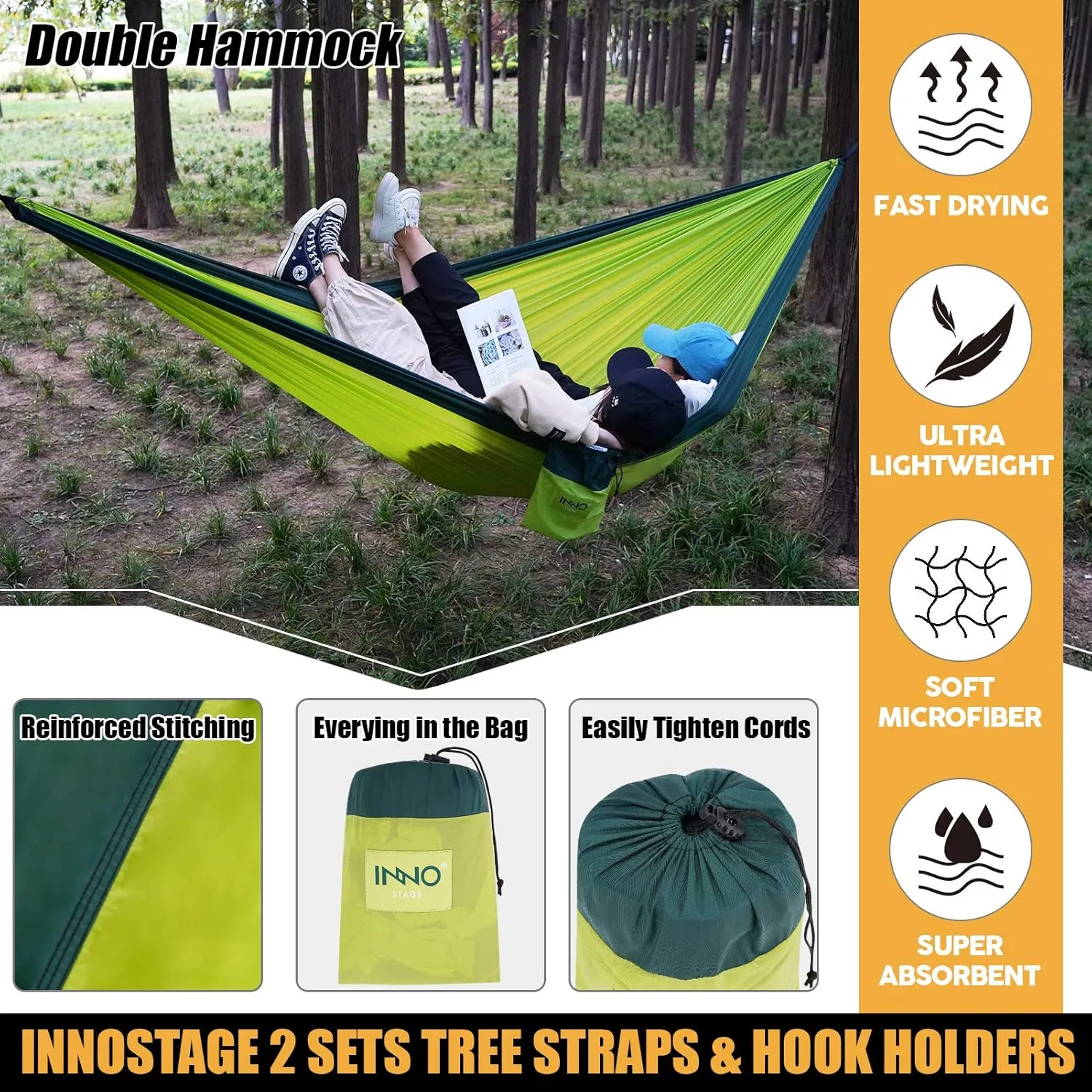Camping Hammock Double with 2 Tree Straps, Portable Lightweight Nylon Hammocks for Backpacking, Travel Hiking, Travel, Beach, Backyard - Green