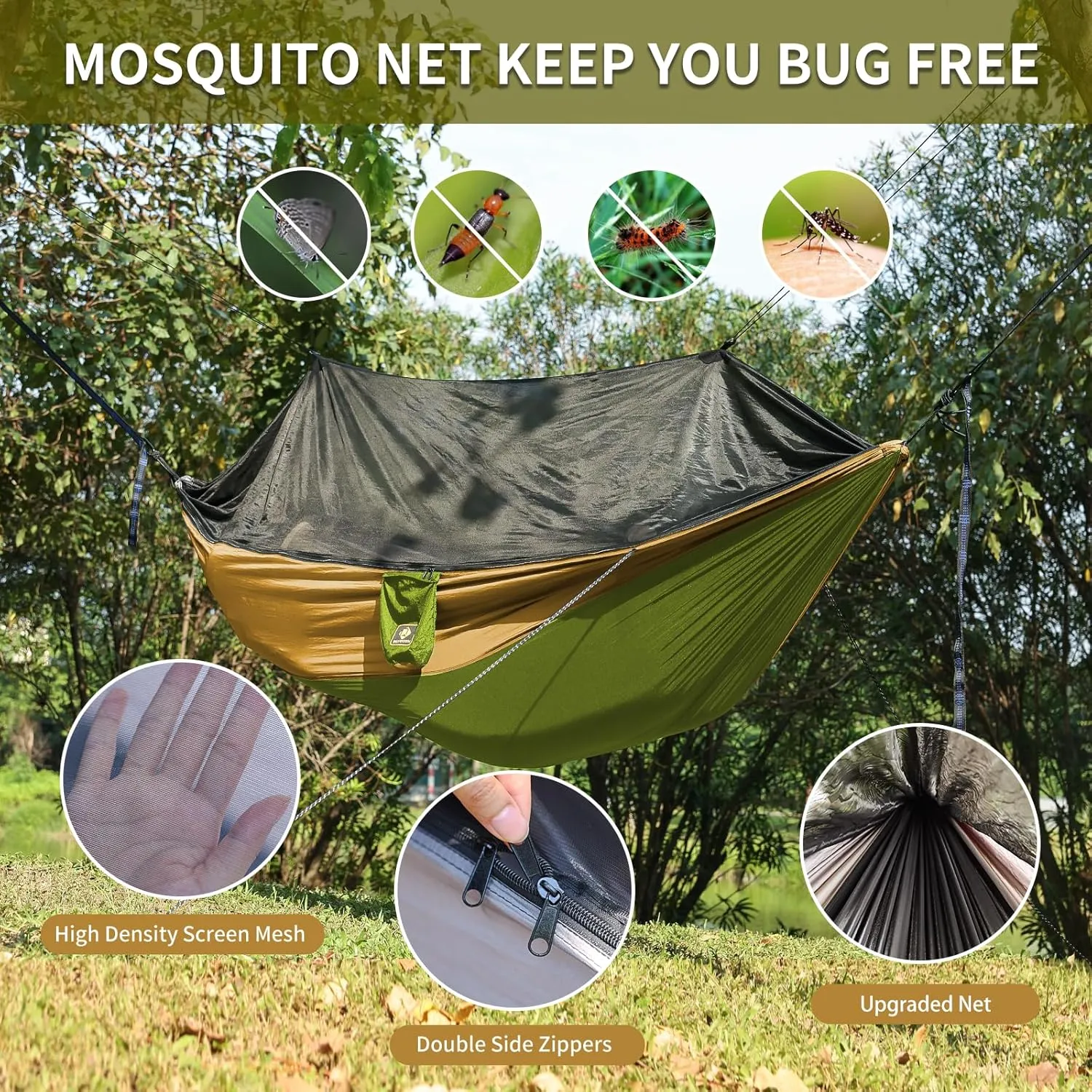 Camping Hammock with Net,Portable Lightweight Double Hammocks with Tree Straps and Solid D-Shape Carabiners,Parachute Nylon Hammock for Backpacking Beach Backyard Patio Hiking Green&Khaki