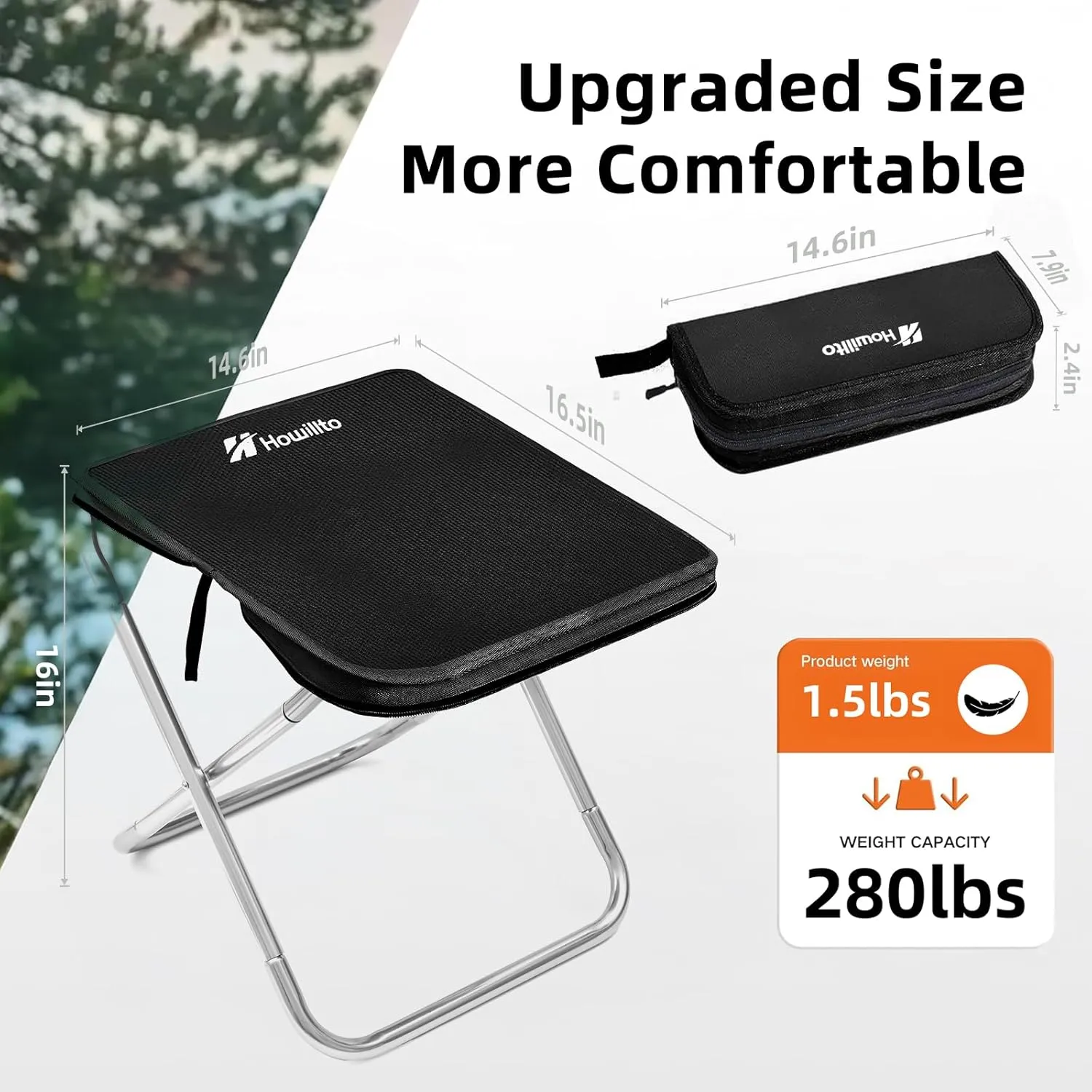 Camping Stool, 16in Tall Portable Folding Stool with Carry Bag, Upgraded Ultralight Chair with Roomy Seat for Adults, Holds 280lbs, Ideal for Hiking, Fishing, Outdoor Use, Black