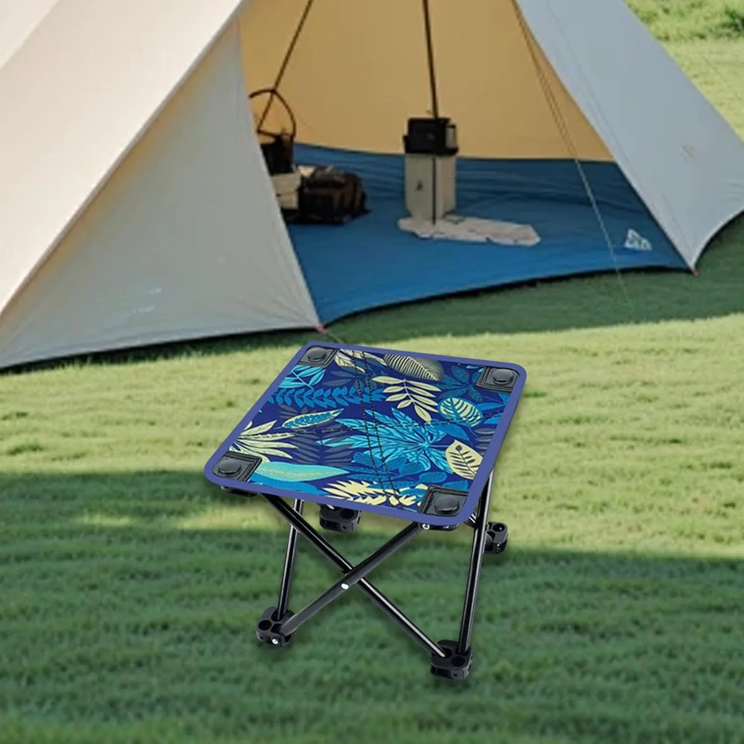 Camping Stool, Folding Stool, Mini Folding Stool, Stools for Adult Reclining Feet for Fishing, Beach, Blue Leaves