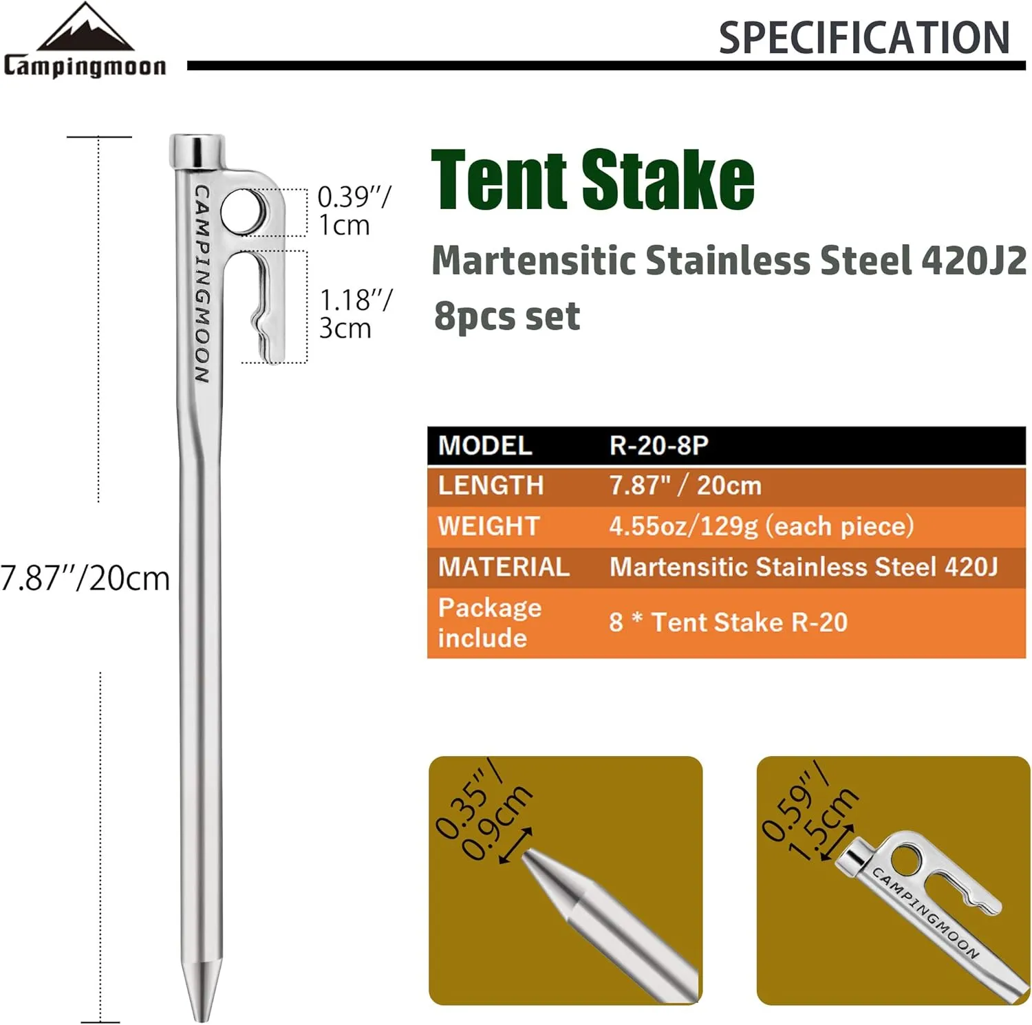 CAMPINGMOON 7.87-inch 8pcs Martensitic Stainless Steel 420J2 Hardened Forged Tent Stake Power Peg Ideal for Hard Ground R-20-8P…