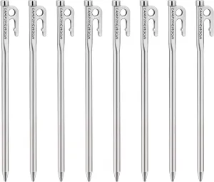 CAMPINGMOON Tent Stakes 10.2-inch 8pcs Martensitic Stainless Steel 420J2 Hardened Forged Power Peg Ideal for Hard Ground R-26-8P