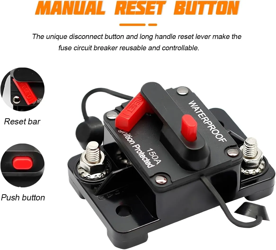 Car Circuit Breaker, 2PCS DC 12V-48V 150A Waterproof Vehicle Stereo Audio Electronic Battery Solar System Inline with Manual Reset Switch, Auto Accessories for Trolling ATV RV