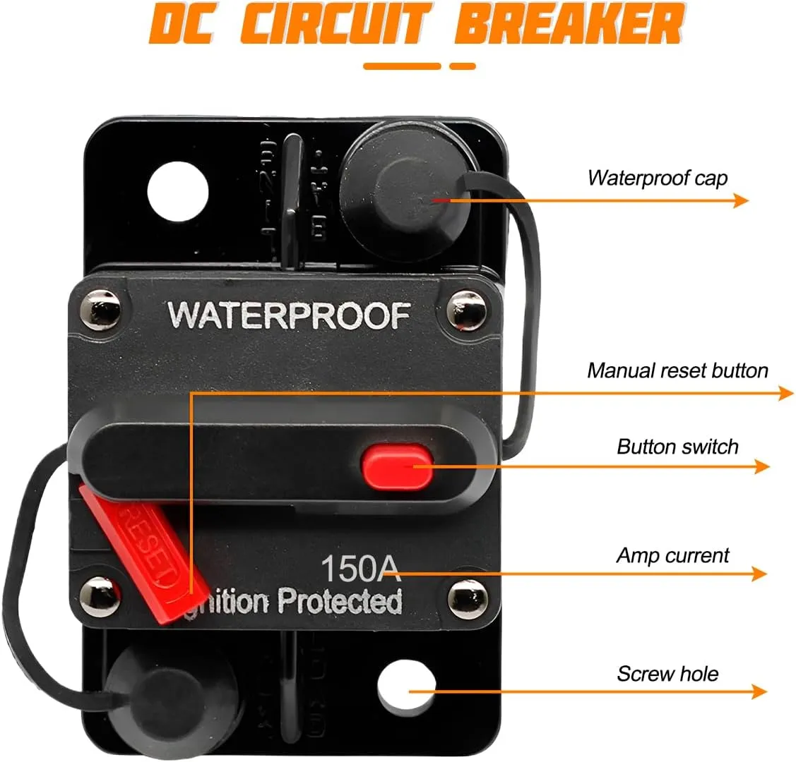 Car Circuit Breaker, 2PCS DC 12V-48V 150A Waterproof Vehicle Stereo Audio Electronic Battery Solar System Inline with Manual Reset Switch, Auto Accessories for Trolling ATV RV
