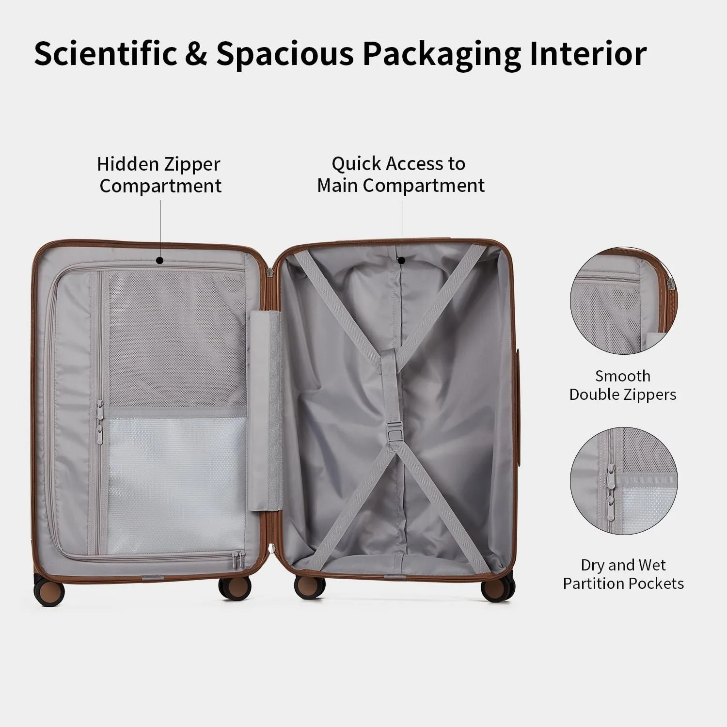 Checked 24 inch Luggage with 8 Spinner Wheels, Large Suitcase with TSA Lock, 100% Lightweight PC Hard Shell travel luggage Suitcases for Men Women, 24-Inch Checked-In, Chocolate Brown