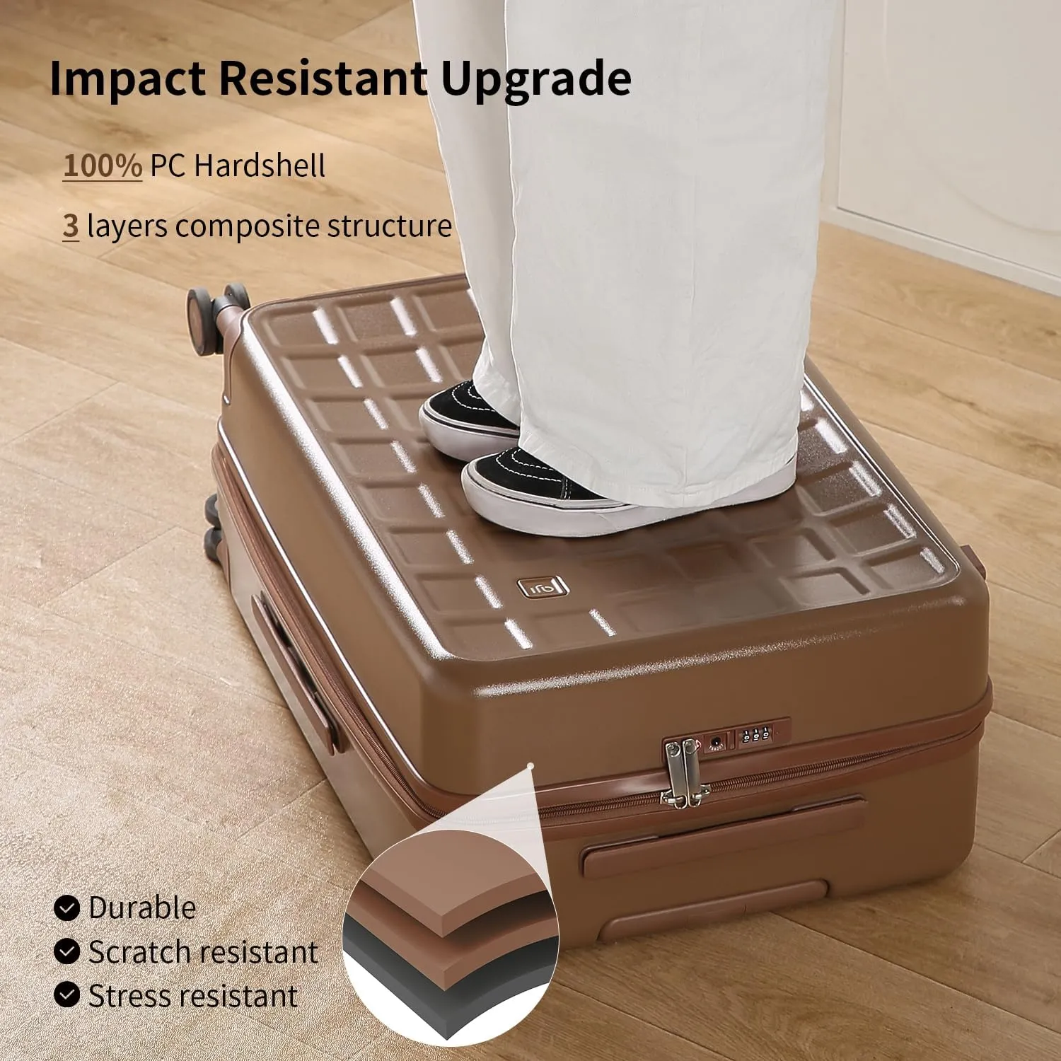 Checked 24 inch Luggage with 8 Spinner Wheels, Large Suitcase with TSA Lock, 100% Lightweight PC Hard Shell travel luggage Suitcases for Men Women, 24-Inch Checked-In, Chocolate Brown