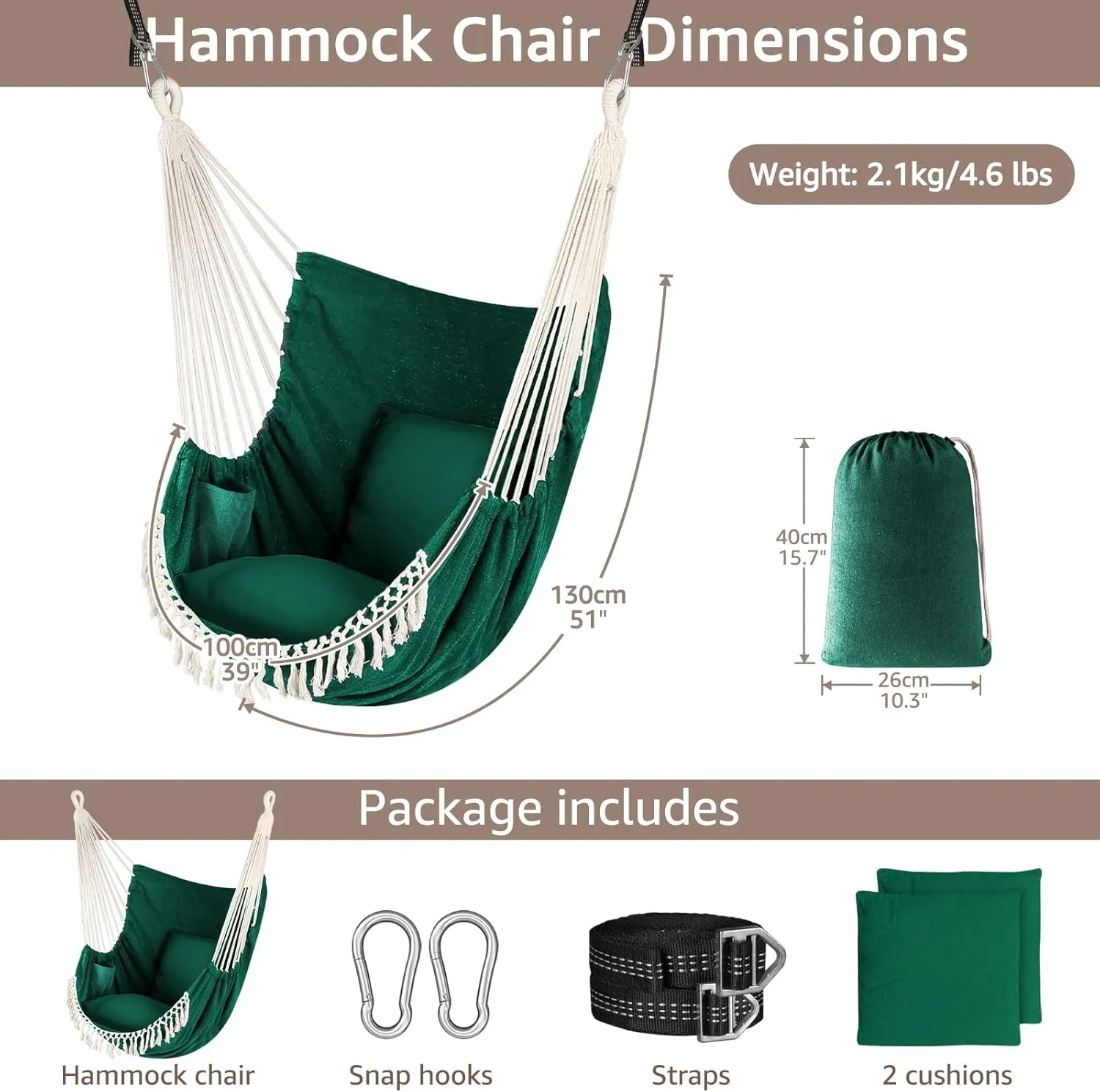 Chihee Hammock Chair Hanging Swing 2 Pillows Included,Strong Webbing Straps and Hooks for Easy Hanging Soft Cotton Hanging Chair Side Pocket Tassel Chair Comfort Indoor Outdoor