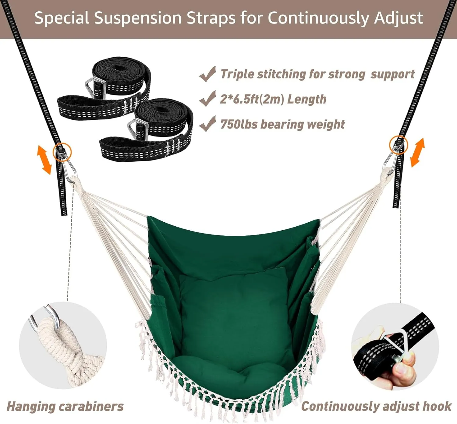 Chihee Hammock Chair Hanging Swing 2 Pillows Included,Strong Webbing Straps and Hooks for Easy Hanging Soft Cotton Hanging Chair Side Pocket Tassel Chair Comfort Indoor Outdoor