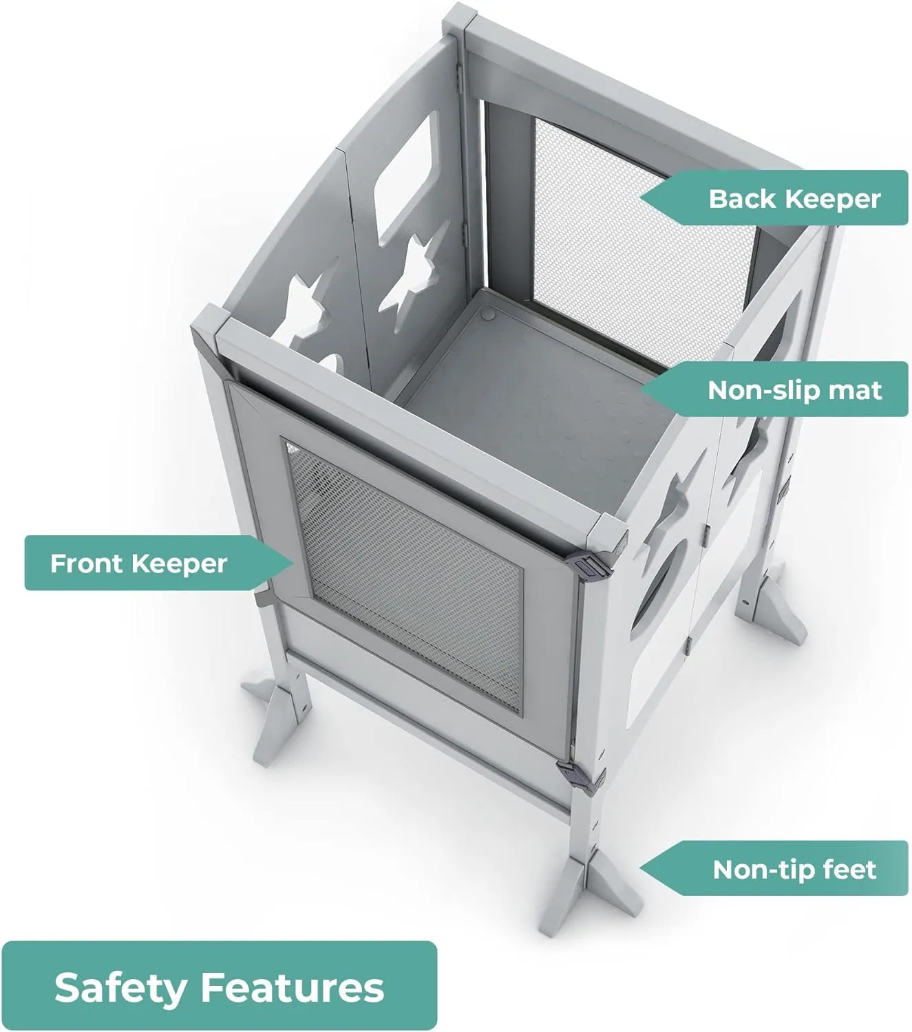 Classic Kitchen Helper® Toddler Tower - Gray: Folding, Adjustable Height, Learning Step Stool for Kids, W/Chalkboard | Montessori Collapsible Safety Non-Slip Platform
