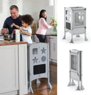 Classic Kitchen Helper® Toddler Tower - Gray: Folding, Adjustable Height, Learning Step Stool for Kids, W/Chalkboard | Montessori Collapsible Safety Non-Slip Platform